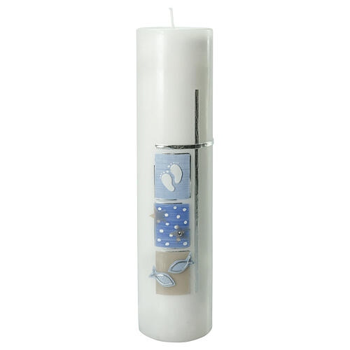 Baptism candle with blue squares silver cross 300x70 mm 1