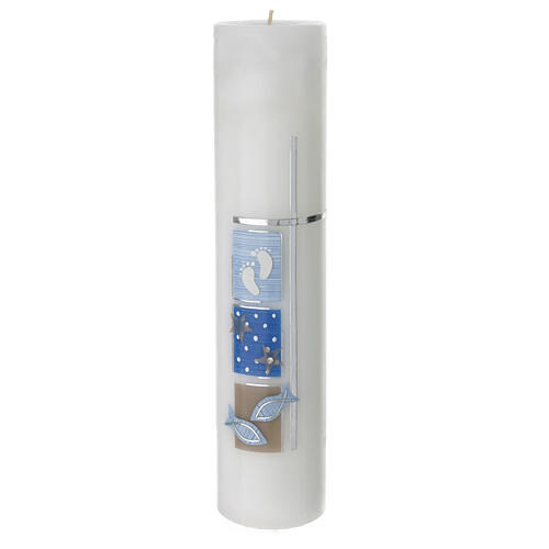 Baptism candle with blue squares silver cross 300x70 mm 1
