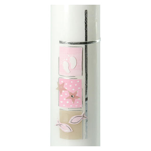 Baptism candle with pink squares silver cross 300x70 mm 2