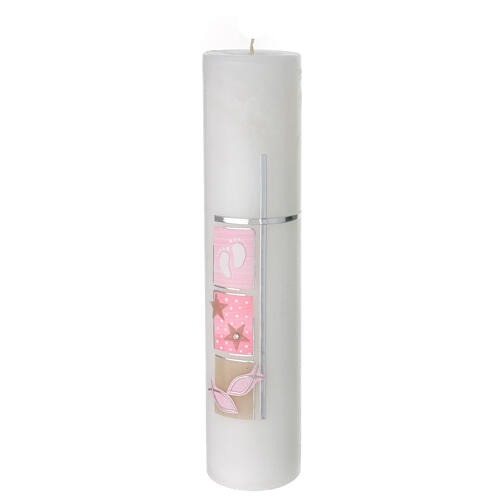 Baptism candle with pink squares silver cross 300x70 mm 1