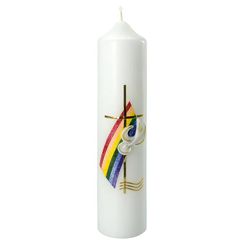Kerze zur Taufe mit regenbogenfarbenen Verzierungen und Taube, 265x60 mm 1