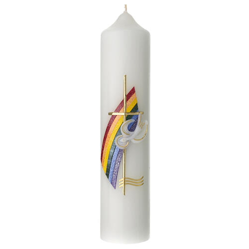 Kerze zur Taufe mit regenbogenfarbenen Verzierungen und Taube, 265x60 mm 3