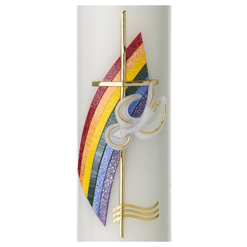 Kerze zur Taufe mit regenbogenfarbenen Verzierungen und Taube, 265x60 mm 4