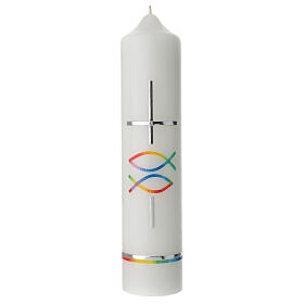 Baptism candle rainbow fish and cross 265x60 mm