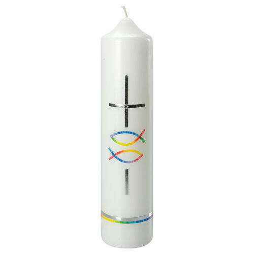 Baptism candle rainbow fish and cross 265x60 mm 1