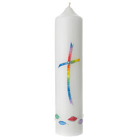 Kerze zur Taufe mit regenbogenfarbenen Kreuz, 265x60 mm