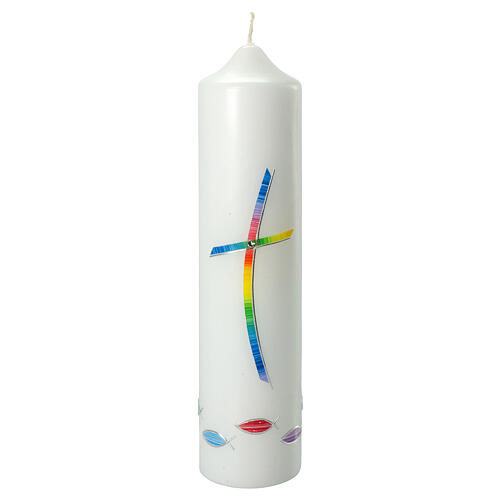 Kerze zur Taufe mit regenbogenfarbenen Kreuz, 265x60 mm 1