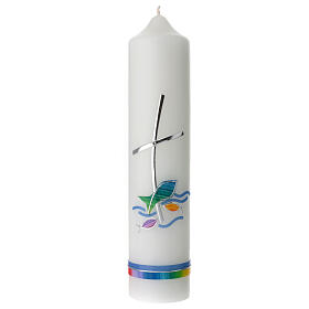 Kerze zur Taufe mit regenbogenfarbenen Fischen und Kreuz, 265x60 mm