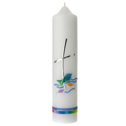 Kerze zur Taufe mit regenbogenfarbenen Fischen und Kreuz, 265x60 mm 1