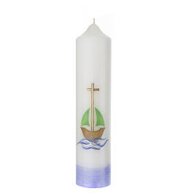 Kerze zur Taufe mit Kreuz und Boot, 265x60 mm