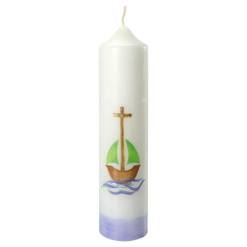 Kerze zur Taufe mit Kreuz und Boot, 265x60 mm 1