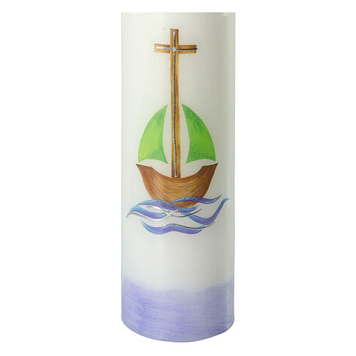 Kerze zur Taufe mit Kreuz und Boot, 265x60 mm 2
