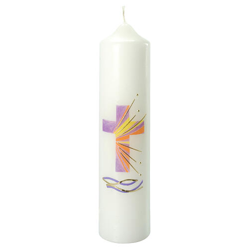 Kerze zur Taufe mit lilafarbenem Kreuz und Strahlen, 265x60 mm 1