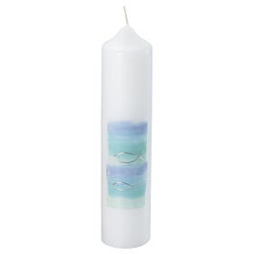 Kerze zur Taufe mit blauen Details und Fischen, 265x60 mm