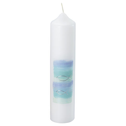 Kerze zur Taufe mit blauen Details und Fischen, 265x60 mm 1