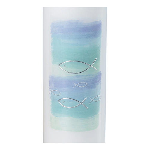 Candle for Baptism, water and silver fishes, 265x60 mm 2