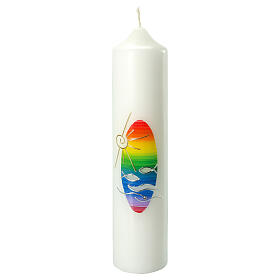 Kerze zur Taufe mit regenbogenfarbenen Details und Fischen, 265x60 mm