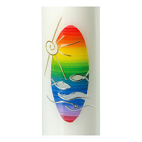 Kerze zur Taufe mit regenbogenfarbenen Details und Fischen, 265x60 mm