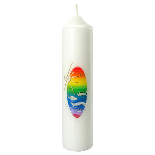 Kerze zur Taufe mit regenbogenfarbenen Details und Fischen, 265x60 mm 1