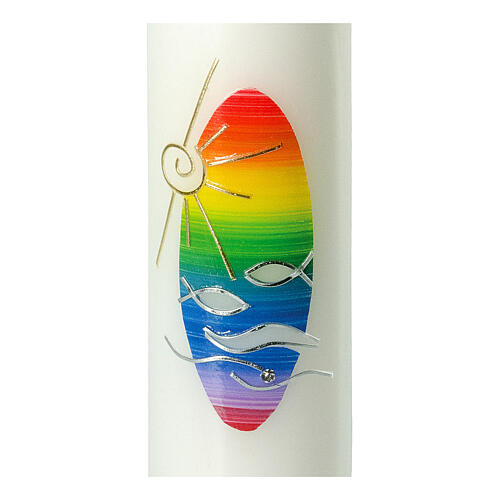 Kerze zur Taufe mit regenbogenfarbenen Details und Fischen, 265x60 mm 2