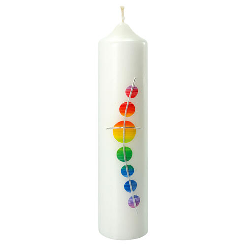 Candle for Baptism, rainbow-coloured circles and cross, 265x60 mm 1