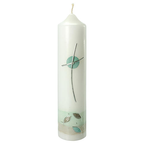 Candle for Baptism, cross with green details, 265x60 mm 1