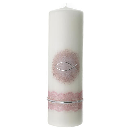 Kerze zur Taufe mit rosafarbenen Verzierungen und Fisch, 265x60 mm 1