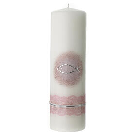 Candle for Baptism, silver fish on pink, 265x60 mm