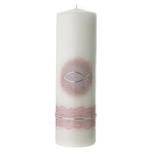 Candle for Baptism, silver fish on pink, 265x60 mm 1