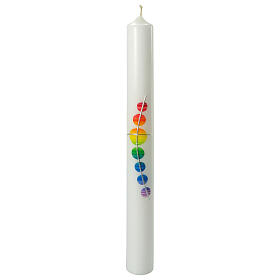 Kerze zur Taufe mit regenbogenfarbenen Verzierungen und Kreuz, 400x40 mm