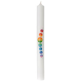 Kerze zur Taufe mit regenbogenfarbenen Verzierungen und Kreuz, 400x40 mm