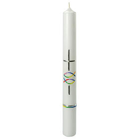 Baptism candle with silver cross rainbow fish 400x40 mm