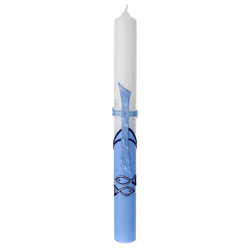 Large candle for Baptism, light blue, embossed cross, 400x40 mm 1