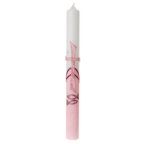 Large candle for Baptism, pink, embossed cross, 400x40 mm 1