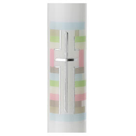 Large candle for Baptism, silver cross and colourful background, 400x40 mm