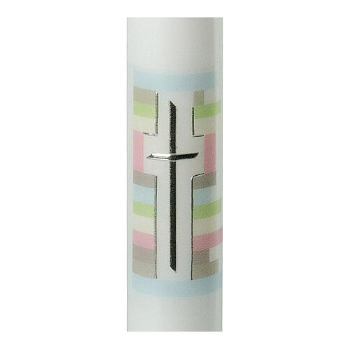 Large candle for Baptism, silver cross and colourful background, 400x40 mm 2