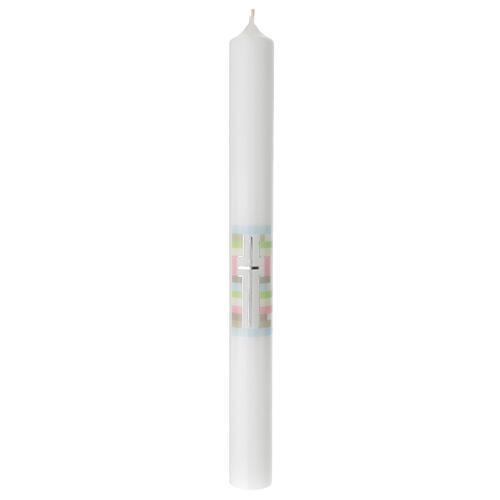Large candle for Baptism, silver cross and colourful background, 400x40 mm 1