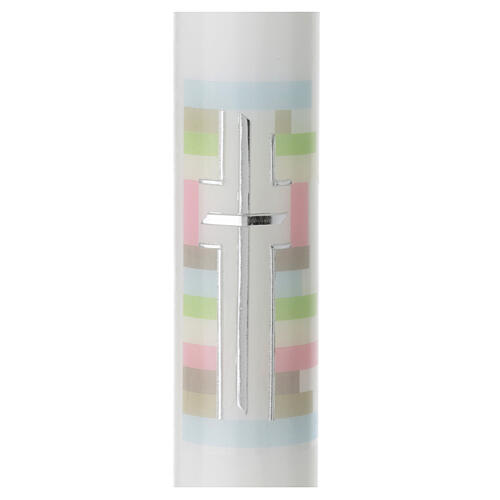 Large candle for Baptism, silver cross and colourful background, 400x40 mm 2