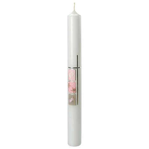 Large candle for Baptism, pink squares and cross, 400x40 mm 1