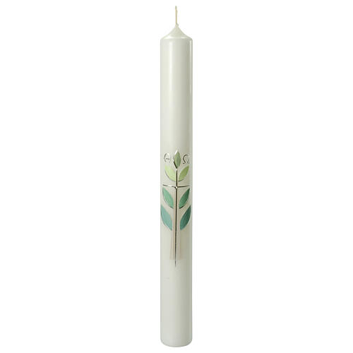 Kerze zur Taufe mit Kreuz und grünen Blättern, 400x40 mm 1