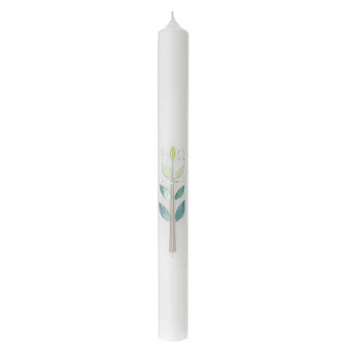 Kerze zur Taufe mit Kreuz und grünen Blättern, 400x40 mm 1