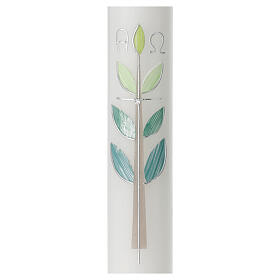 Large candle for Baptism, cross with green leaves, 400x40 mm