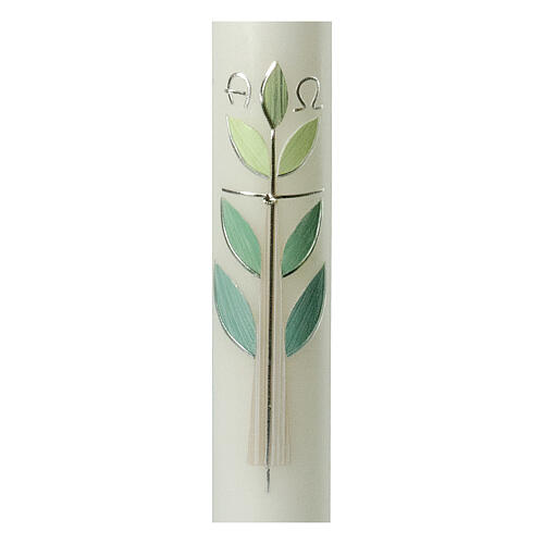 Baptism candle with silver cross green leaves 400x40 mm 2