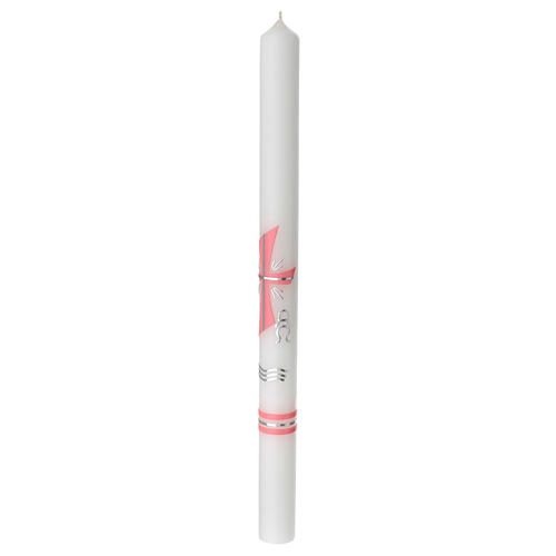 Świeca chrzcielna krzyż różowy i srebrny, 400x30 mm 3