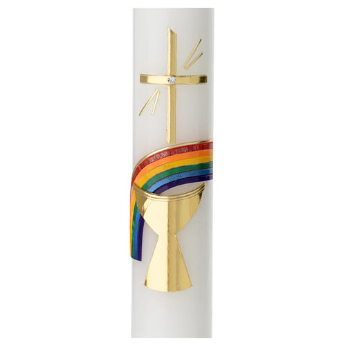 Cirio Comunión cruz dorada arco iris 400x40 mm 2