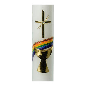 Círio Primeira Comunhão arco-íris, cálice e cruz dourados 40x4 cm