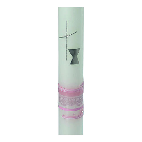 First Communion candle pink bands cross 400x40 mm 2