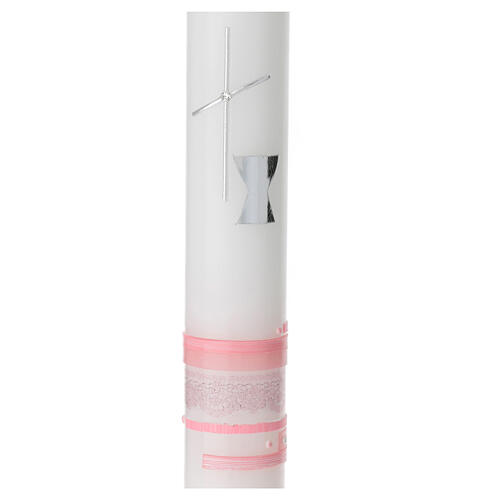 First Communion candle pink bands cross 400x40 mm 2