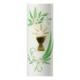 Kerze Eucharistie mit Kelch und Blättern grün, 215x50 mm