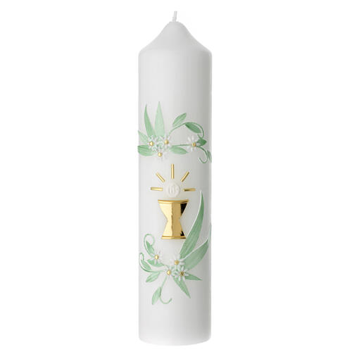Kerze Eucharistie mit Kelch und Blättern grün, 215x50 mm 1